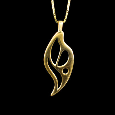 This solid 14K gold pendant is shaped like and has mulitple decorative cutouts that depict an abstract flame.