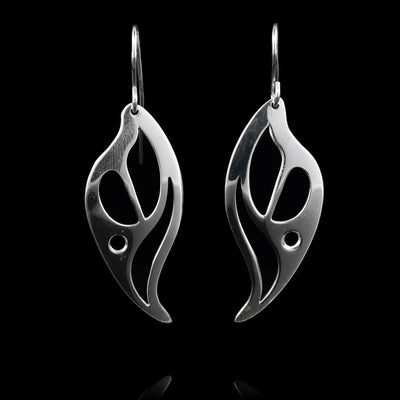 These sterling silver dangle earrings have hangs that are shaped like and have several cutouts that depict flames.