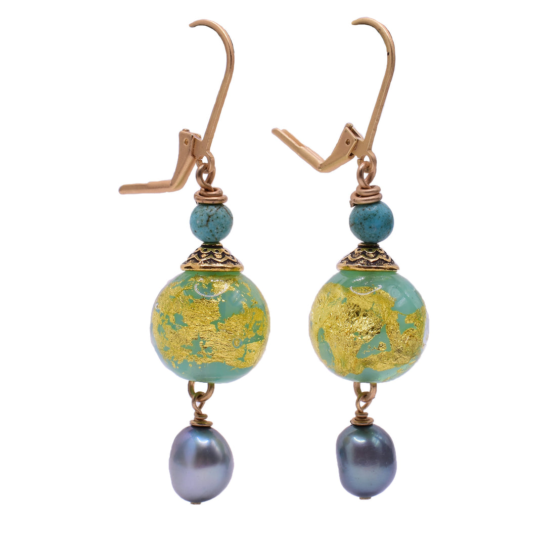 Pearls and Lampworked Glass Dangle Ball Earrings