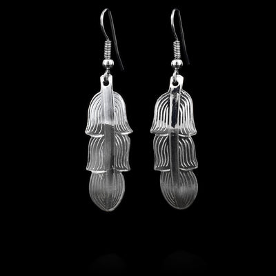 these sterling silver dangle earrings are shaped like feathers and are hanging by their end. There is a pattern carved into the feather hang.
