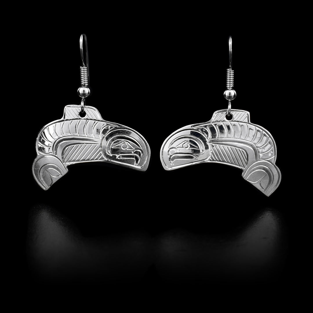 These sterling silver Salmon earrings have hooks which have Salmon-shaped hangs attached to them.