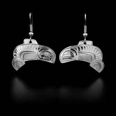 These sterling silver earrings have hooks which have Salmon-shaped hangs attached to them.