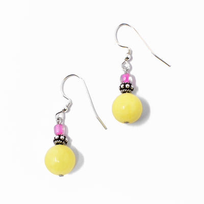 Sterling silver yellow quartzite and pink glass dangle earrings.