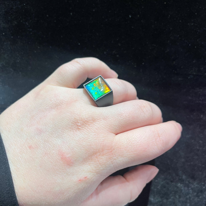 Black Titanium Ammolite Ring - Artina's Jewellery