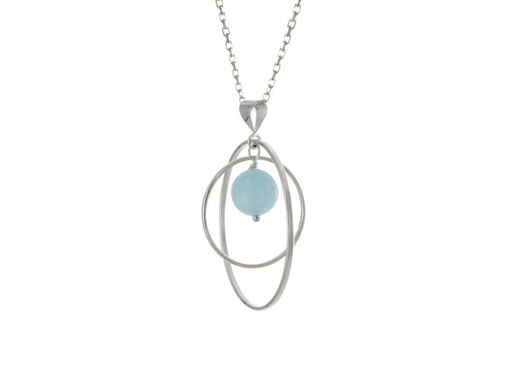 This aquamarine necklace has a large sterling silver hoop with a smaller hoop in the middle of it and a sphere shaped aquamarine bead in the center of them. All of these pieces are suspended and can orbit around each other.