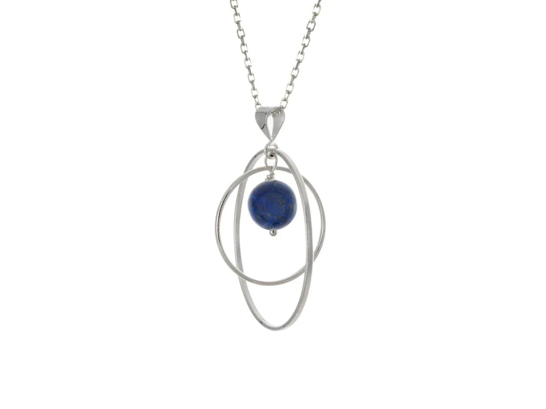 This lapis lazuli necklace has a large sterling silver hoop with a smaller hoop in the middle of it and a sphere shaped lapis lazuli bead in the center of them. All of these pieces are suspended and can orbit around each other.