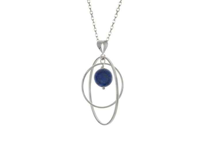This lapis lazuli necklace has a large sterling silver hoop with a smaller hoop in the middle of it and a sphere shaped lapis lazuli bead in the center of them. All of these pieces are suspended and can orbit around each other.