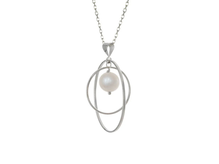 This white pearl necklace has a large sterling silver hoop with a smaller hoop in the middle of it and a sphere shaped white pearl bead in the center of them. All of these pieces are suspended and can orbit around each other.