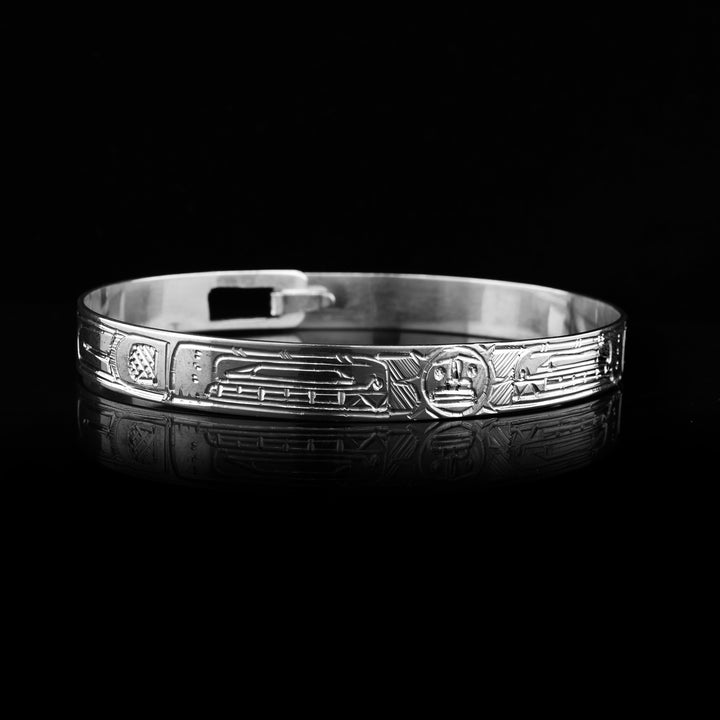 3/8" wide sterling silver Double Orca and Sun Clasp Bracelet