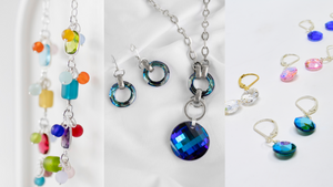 Handmade boutique Canadian jewelry. Banner shows necklaces and earrings made with Swarovski crystals, glass beads, and sterling silver.