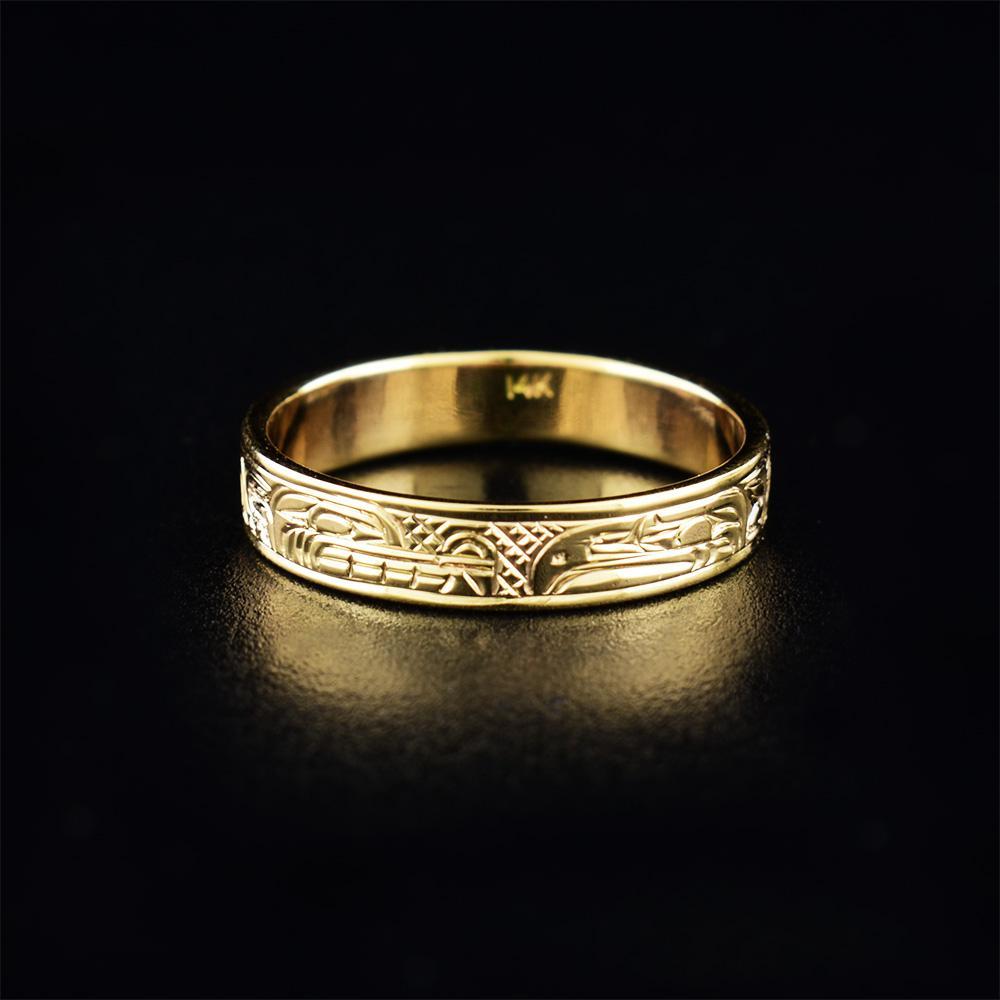 14K Gold Wolf & Raven Ring (1/8")