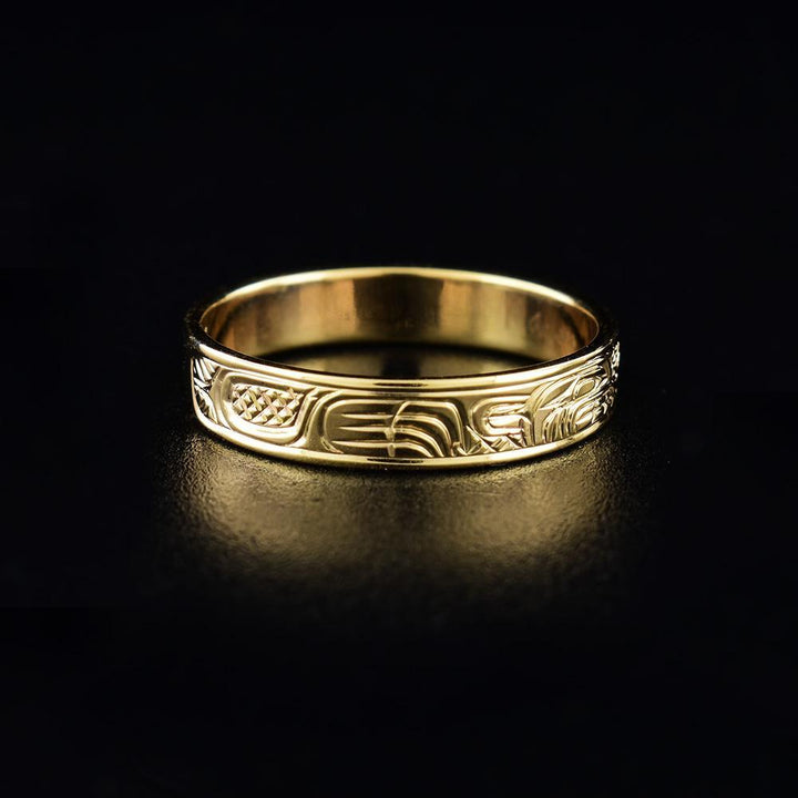 14K Gold Wolf & Raven Ring (1/8")