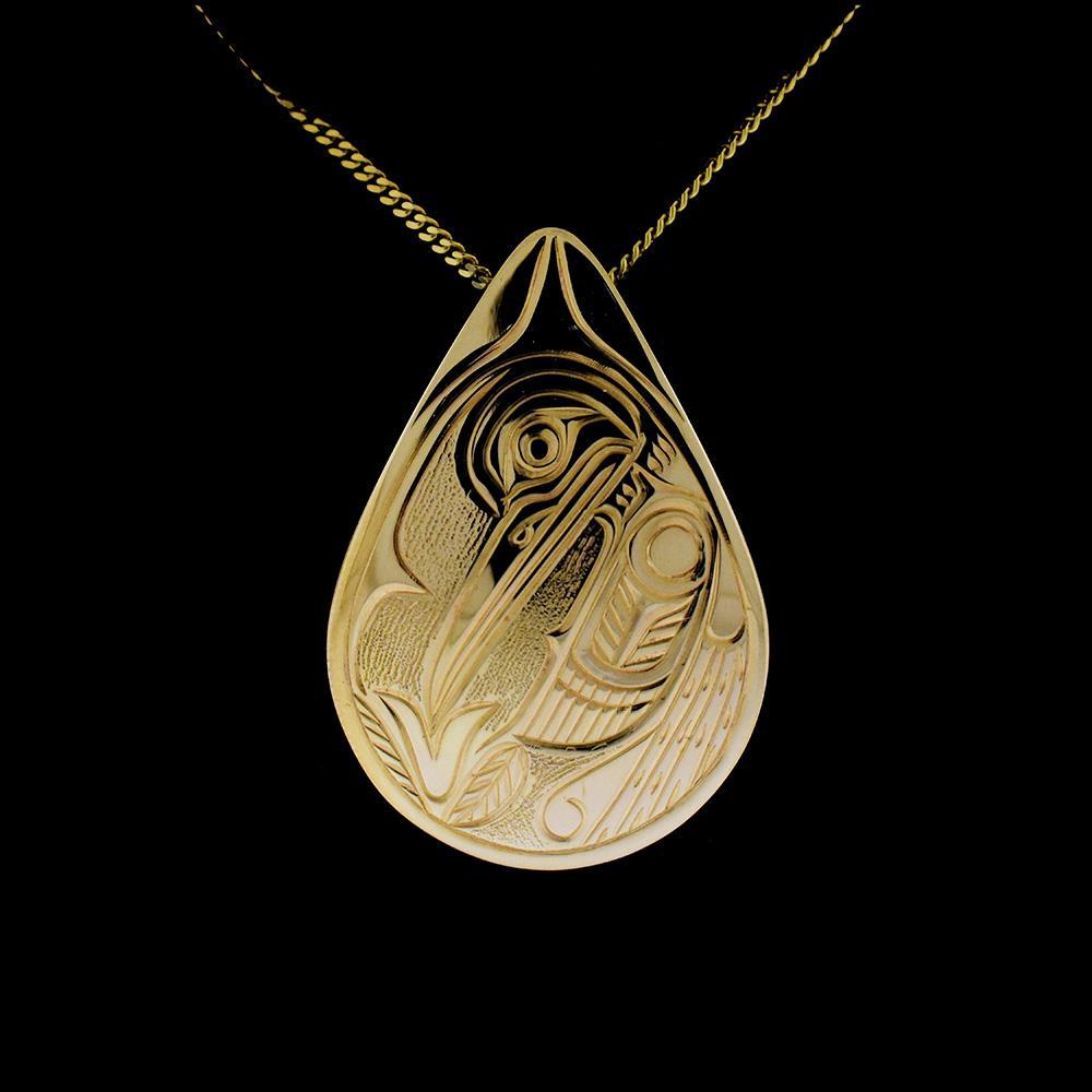14K Teardrop Hummingbird Pendant is hand carved