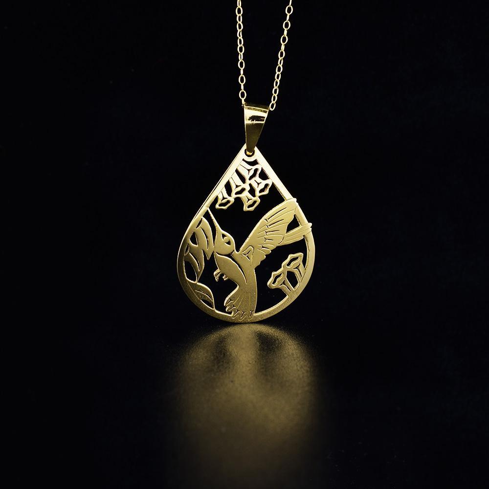 14K Gold Small Hummingbird Teardrop Pendant