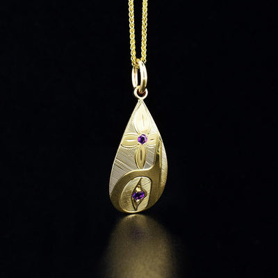 14k gold teardrop hummingbird pendant with amethysts