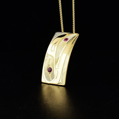 14K Gold Rectangular Raven Pendant with Two Rubies