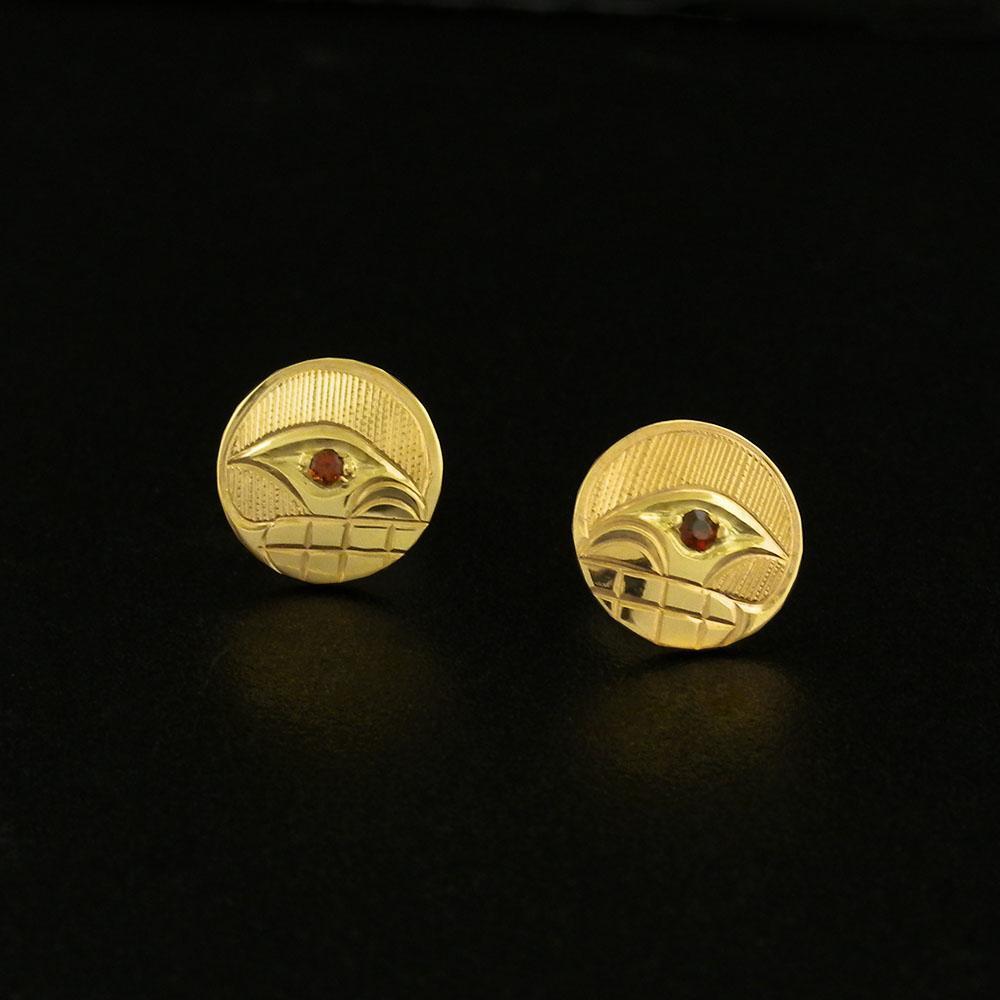 14K Gold Round Orca Earrings with Garnet