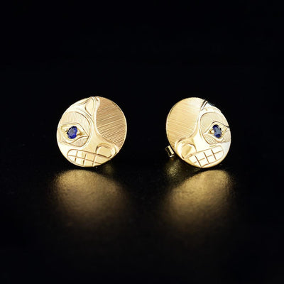 14K Gold Round Bear Stud Earrings with Sapphires