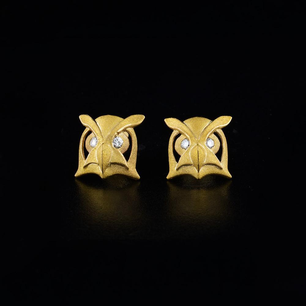 14K Gold Owl Earrings with Diamonds