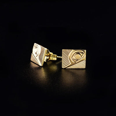 14K Gold Square Hummingbird Stud Earrings