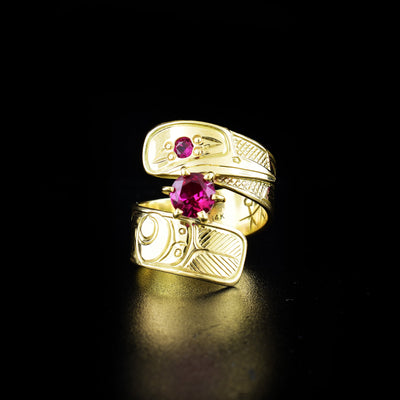 14K gold hummingbird wrap ring with pink stones. Band is 0.31" wide, with the flexible wrap design giving the ring a comfortable fit. Size 7.5.