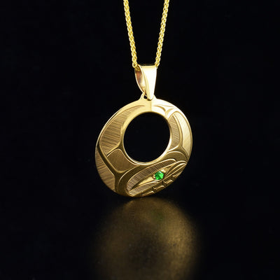 14K Gold Orca Pendant with Tsavorite Eye hand-carved