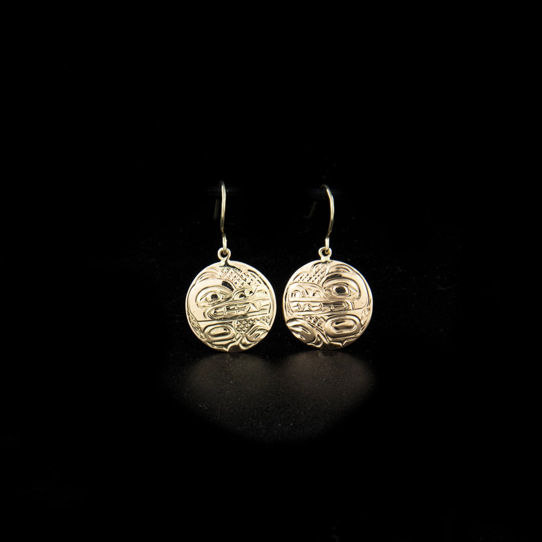 14K Gold Round Wolf Dangle Earrings