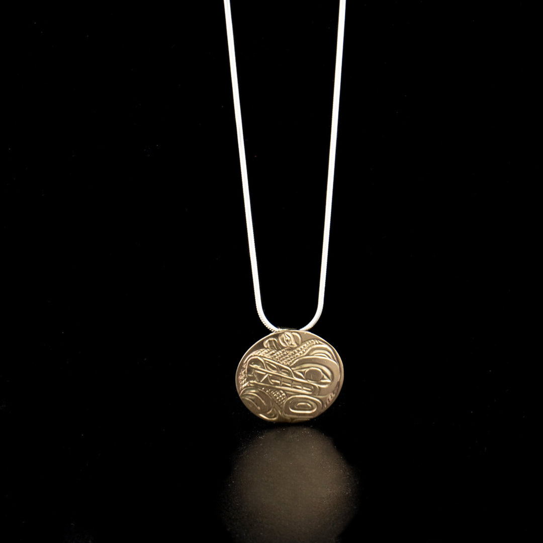 14K gold round wolf pendant
