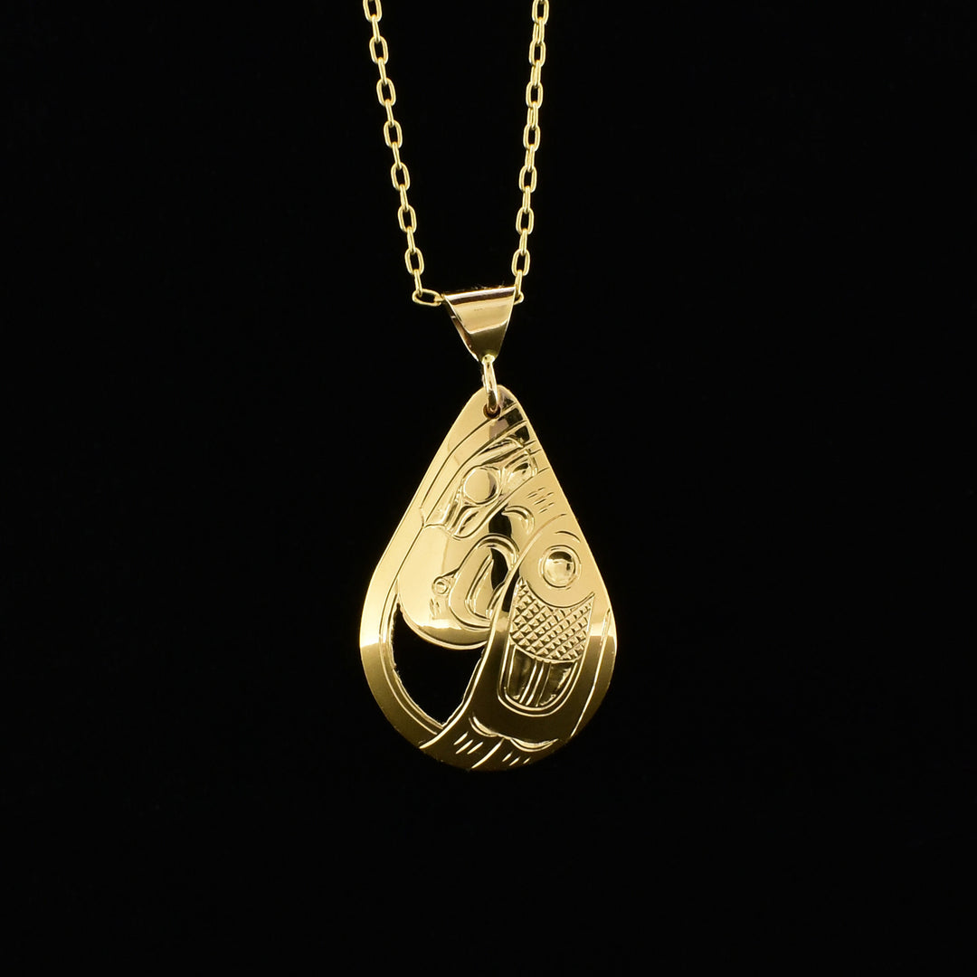 Side-view of an eagle’s head and wing facing downwards in gold frame. Metal is cut out behind the eagle. 1.38” x 0.75” including bail.