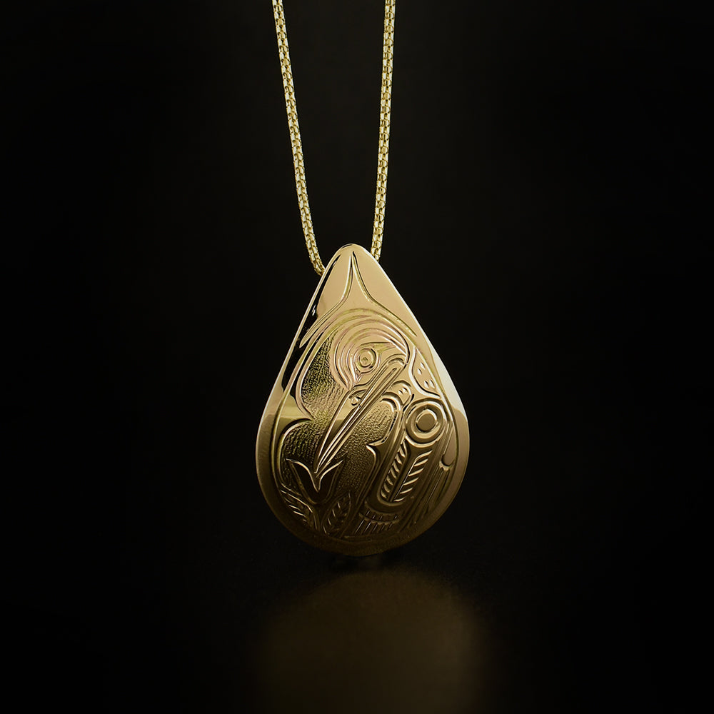 14K Gold Teardrop Hummingbird Pendant