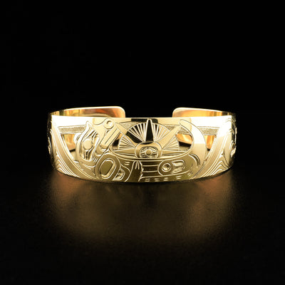 Cuff bracelet depicts an otter lying on its back with a sea urchin on its belly. Sides of bracelet have waves carved into them. Hand-carved and cut by Harold Alfred.