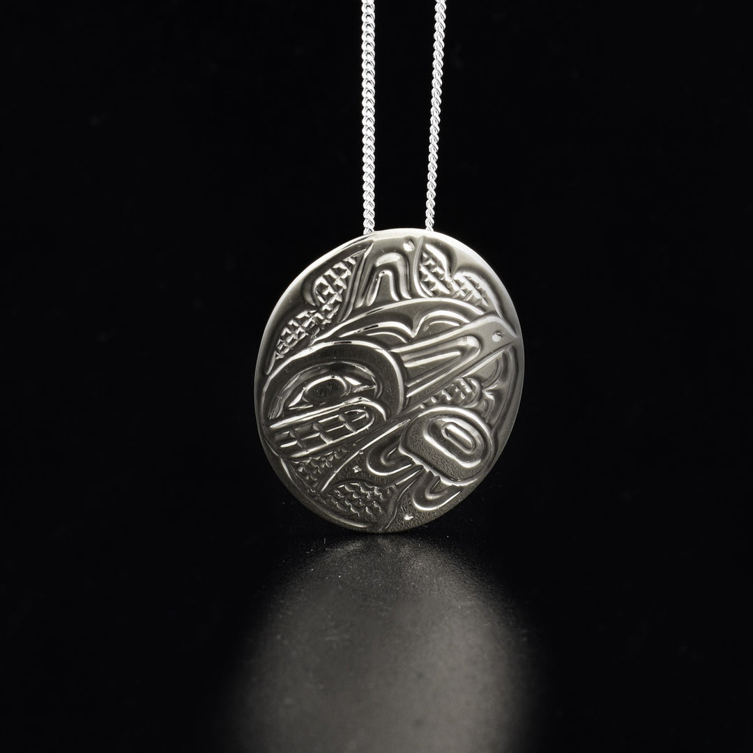 14K white gold oval orca pendant hand-carved