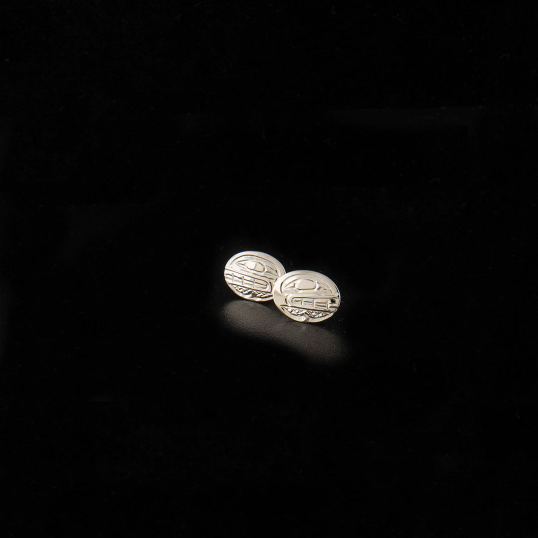 14K white gold oval orca studs hand-carved