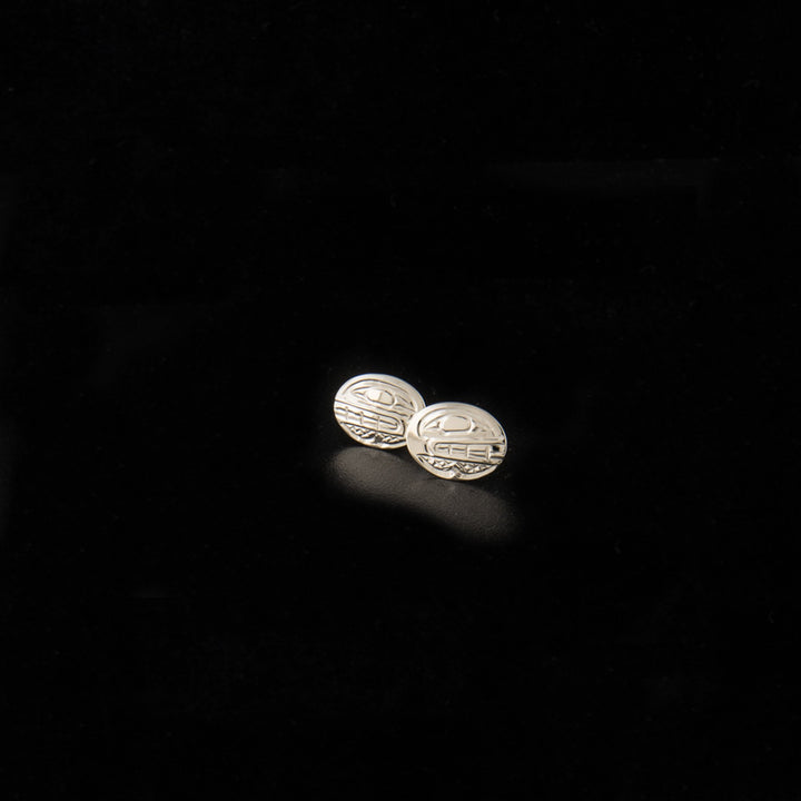 14K white gold oval orca studs hand-carved
