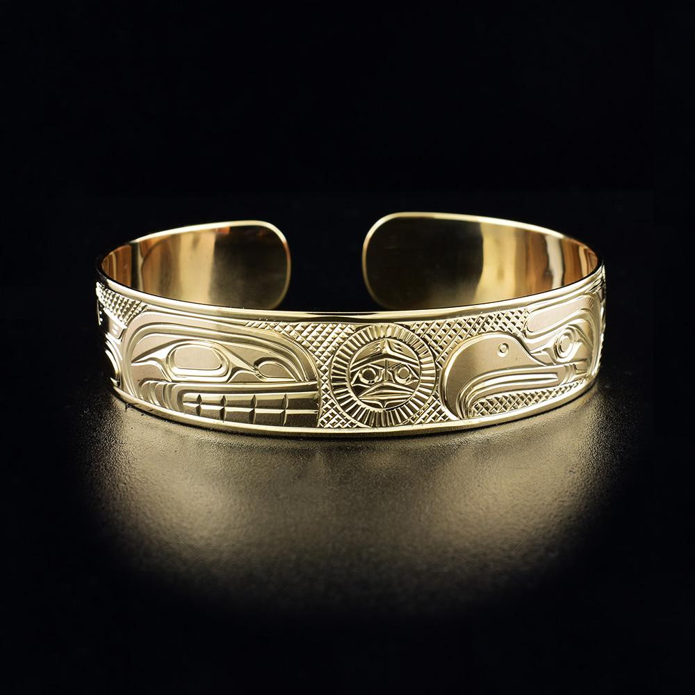14K Gold Eagle, Sun and Orca Bracelet hand-carved