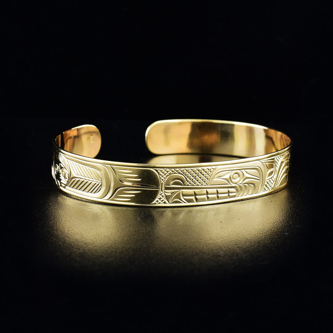 14K Gold Wolf and Moon Bracelet hand-carved