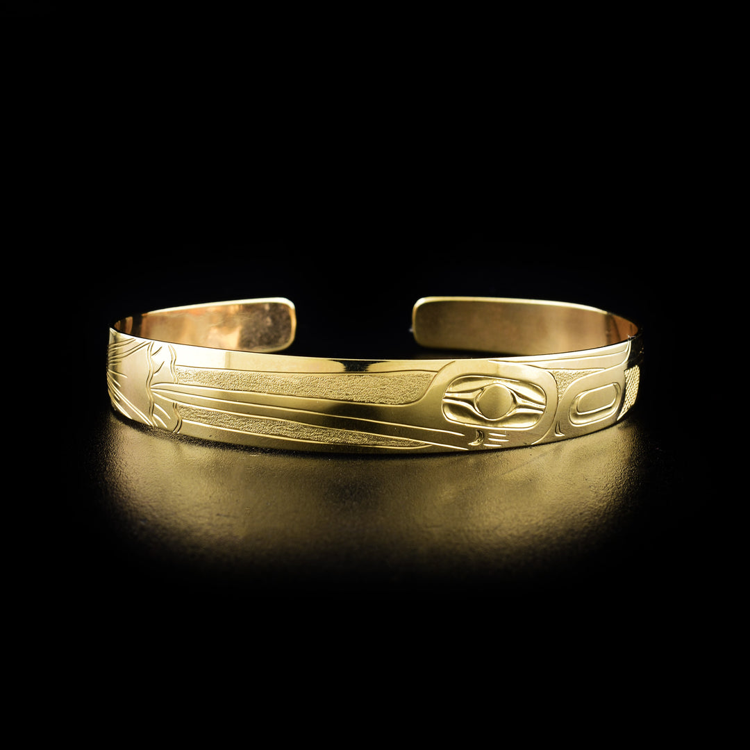 14K Gold 3/8" Hummingbird Bracelet hand carved by Harold Alfred. The design depicts a hummingbird drinking from a flower.