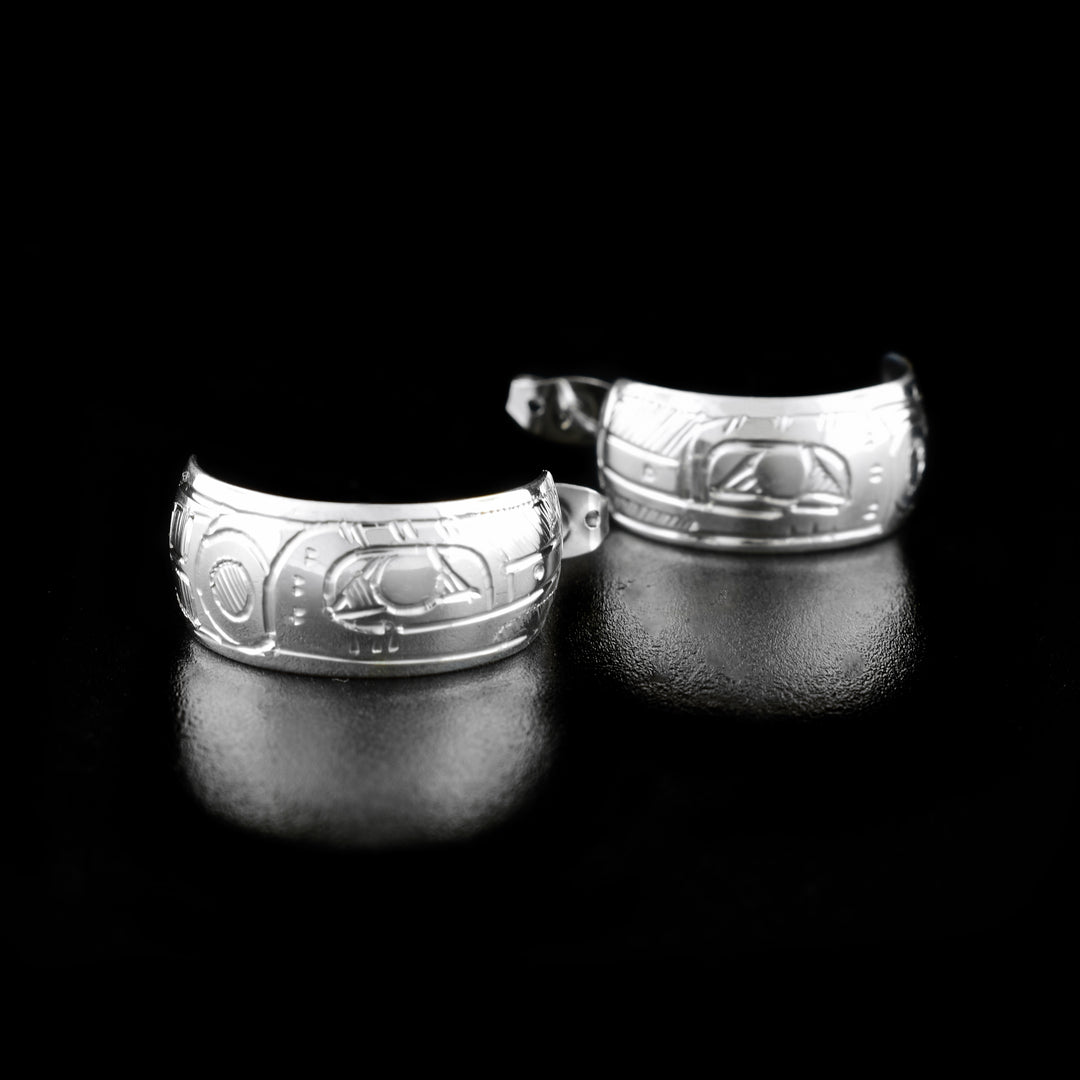 Sterling Silver 3/8" Hummingbird Hoop Earrings by Jeffrey Pat. This second picture shows the same earrings as the first but at a different angle.