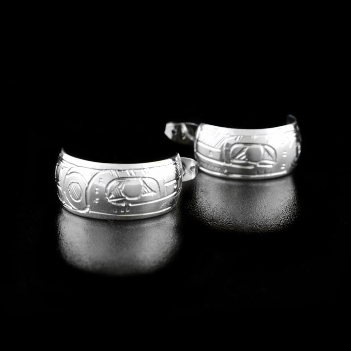 Sterling Silver 3/8" Hummingbird Hoop Earrings by Jeffrey Pat. This second picture shows the same earrings as the first but at a different angle.
