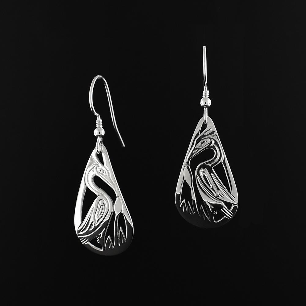 Silver Teardrop Heron Earrings