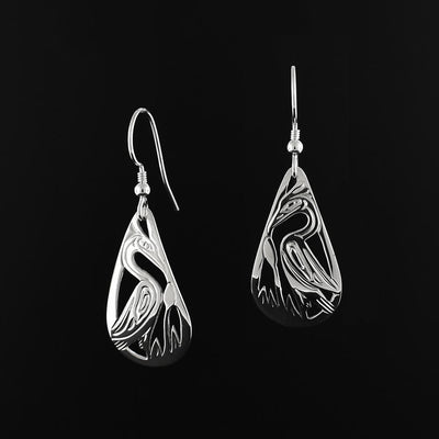 Silver Teardrop Heron Earrings
