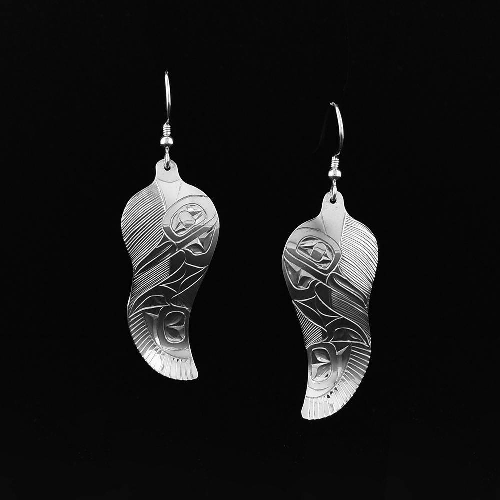 Silver Heron on Feather Earrings