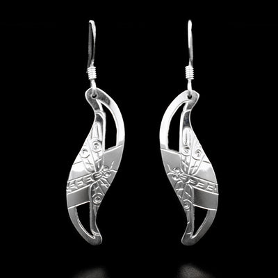 Sterling Silver Leaf Style Dragonfly Earrings by Harold Alfred. The shape of the earring resembles a leaf with parts of it cut out. Inside is a dragonfly.