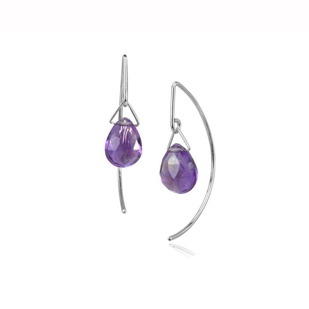 These dangling amethyst earrings are made form sterling silver and amethyst gems. There are large, oval maethysr gems dangling under the hooks and the silver hooks curve around the back of the ear and drops below the gems.
