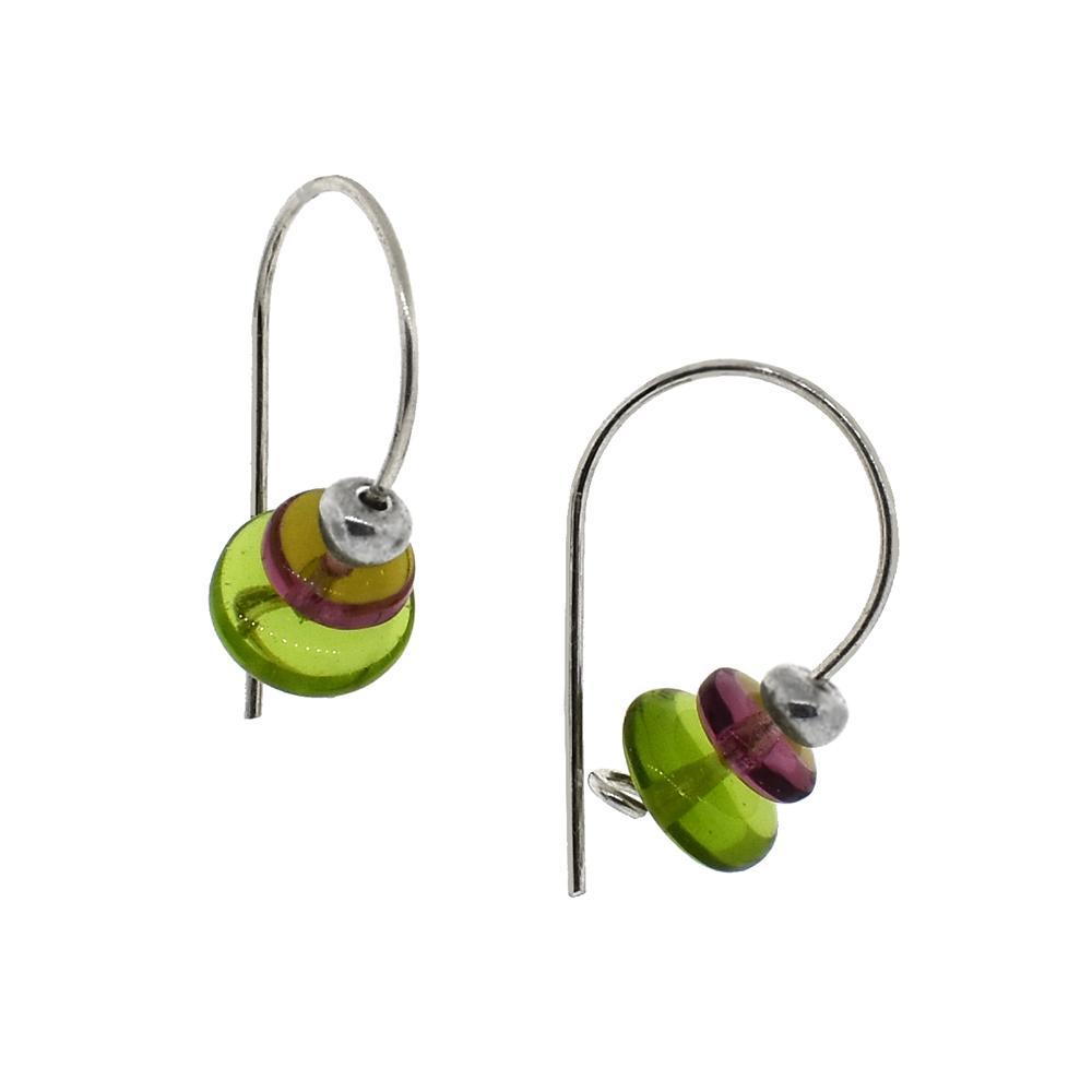 These bead hoop earrings are made from sterling silver and glass beads. The silver hoops curve below the ear and you can interchangeably add up to three colorful beads to each earring