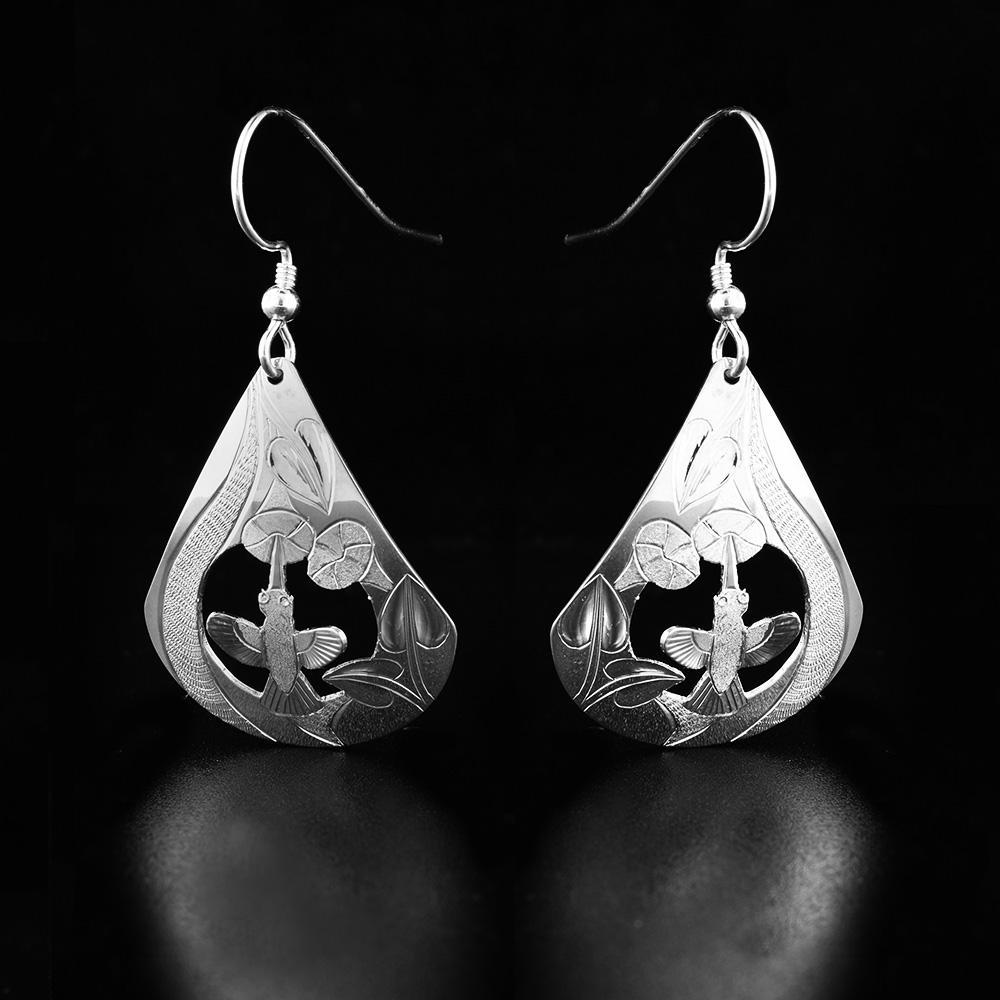 Sterling Silver Hummingbird and Hibiscus Teardrop Earrings