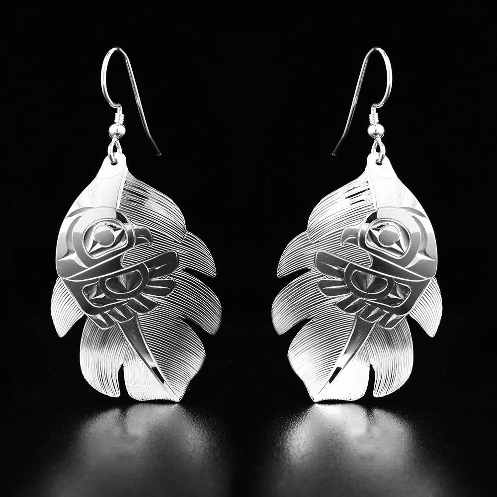 Sterling Silver Owl in Feather Earrings