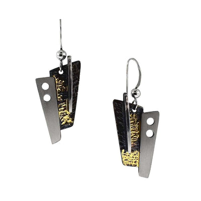 These oxidized silver earrings are in the shape of two rectangles, one black and yellow in colour and the other silver, joint together at the sides.
