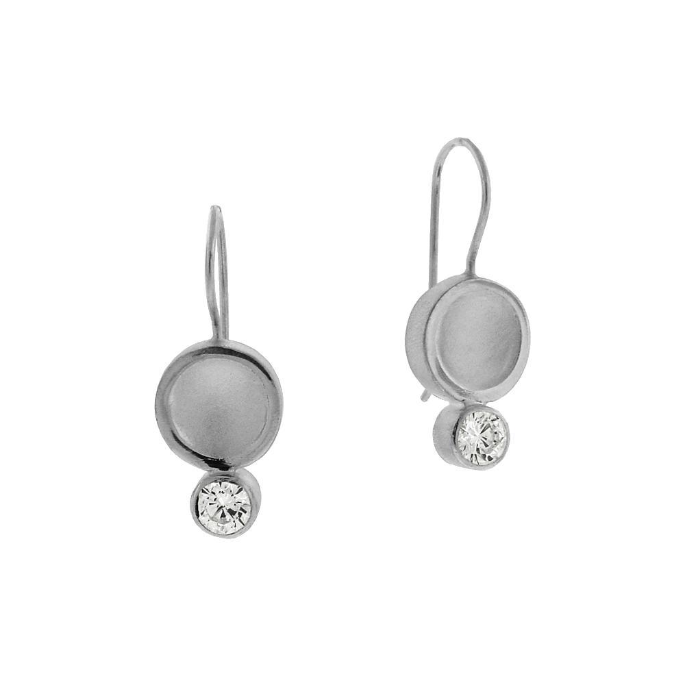 These cubic zirconia stud earrings are made from sterling silver and cubic zirconia gemstones. There are small, concave circle attached to the hooks with embossed cubic zirconia gemstones attached at the bottom.