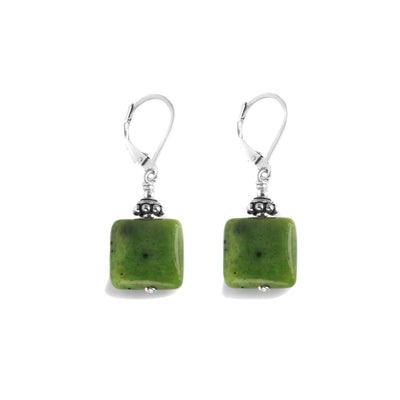 These Square BC Jade Earrings are hand crafted by artist Karley Smith. She has used sterling silver and BC jade to create them.  Each earring measures 1.4" x 0.47" from the top of the hook.
